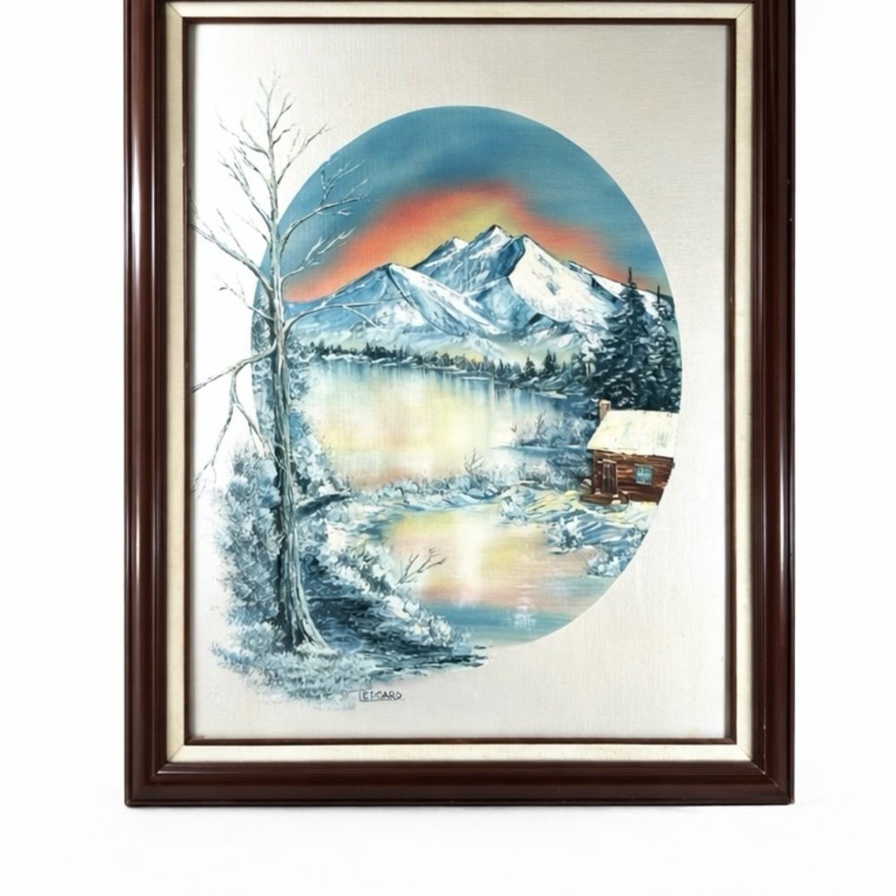 Oil Painting Winter At Dawn Cabin On Pond Signed Margaret Peggy Ledgard 1988 - Picture 2 of 10